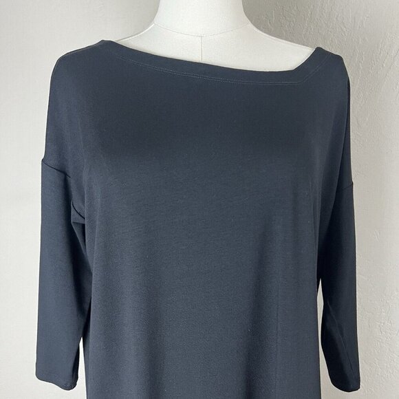 Eileen Fisher Dress Tunic Black Jersey Asymmetric Neckline Size Medium‎ Petite - Picture 2 of 11